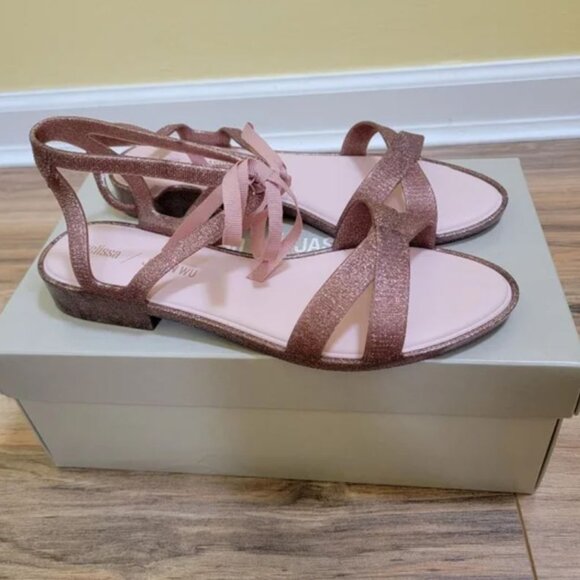 NIB Melissa x Jason Wu Ophelia bow strappy flat Sandal pink glitter size 8 8.5 - Picture 4 of 4